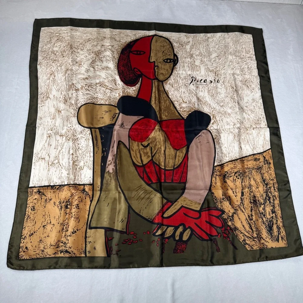 Picasso Cubist Portrait Art Print Olive Green Red Square Scarf 33